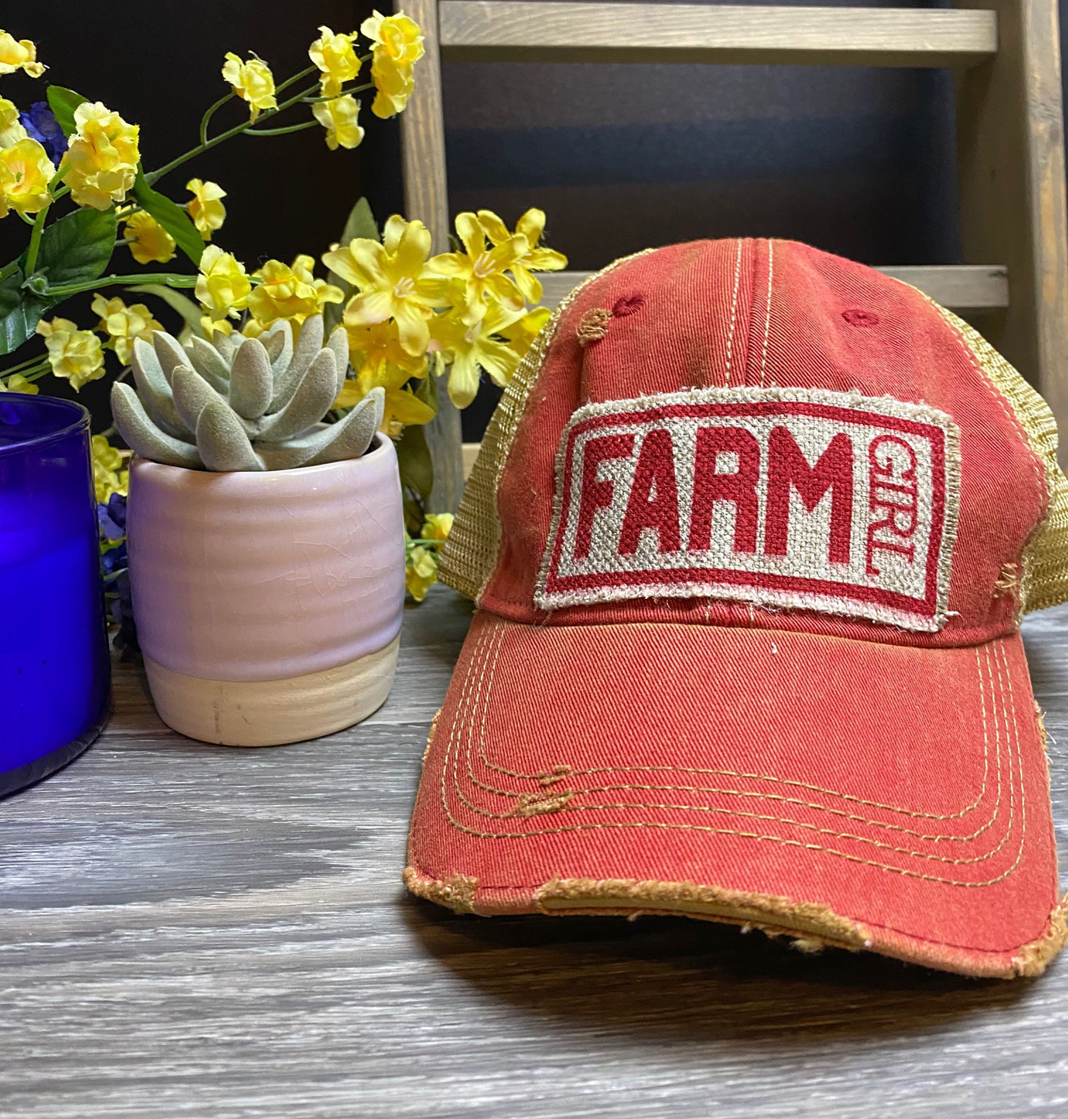 Custom Hat, Distressed Hat, Unisex trucker Cap, Vintage Cap, Weathered Cap, Custom Logo Cap, Raggedy Patch Hat, Logo Cap, Headmost brand