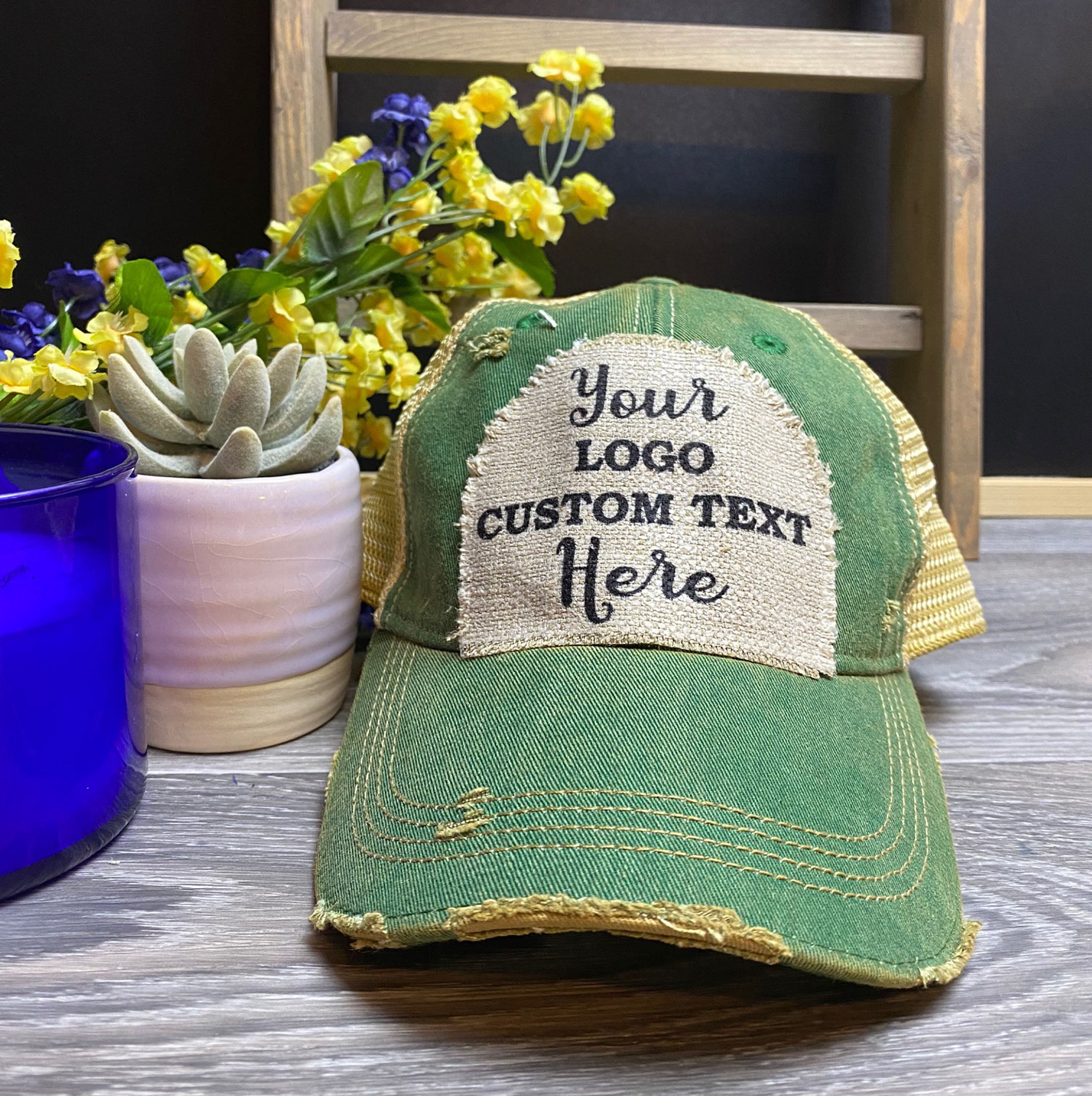 Custom Hat, Distressed Hat, Unisex trucker Cap, Vintage Cap, Weathered Cap, Custom Logo Cap, Raggedy Patch Hat, Logo Cap, Headmost brand