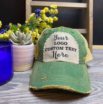 Custom Hat, Distressed Hat, Unisex trucker Cap, Vintage Cap, Weathered Cap, Custom Logo Cap, Raggedy Patch Hat, Logo Cap, Headmost brand