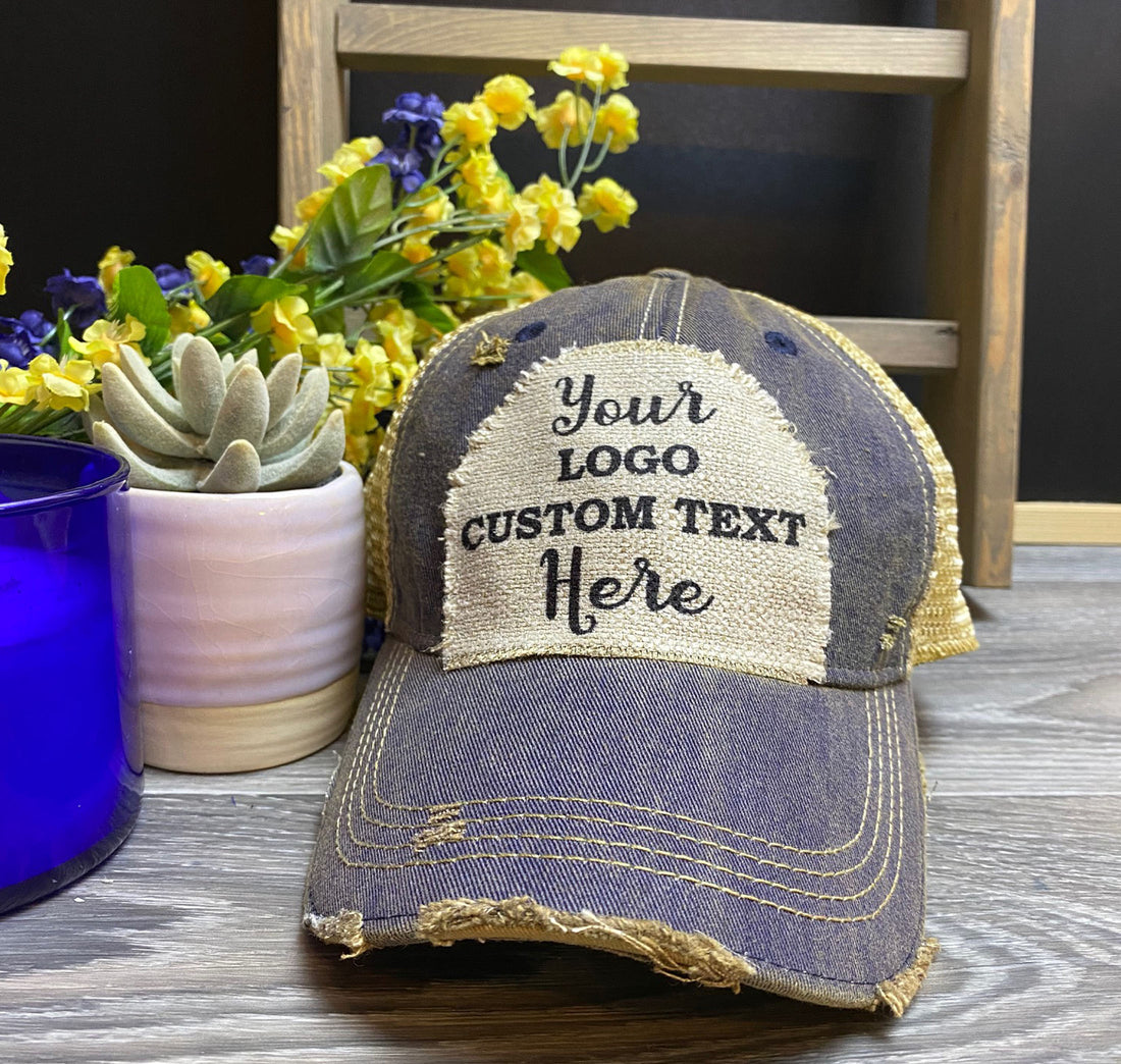 Custom Hat, Distressed Hat, Unisex trucker Cap, Vintage Cap, Weathered Cap, Custom Logo Cap, Raggedy Patch Hat, Logo Cap, Headmost brand